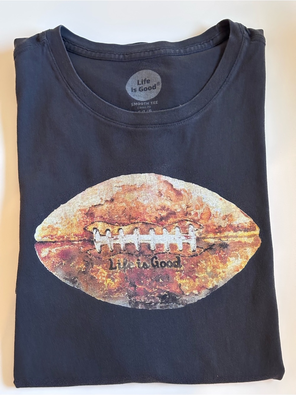 Life Is Good Football Tee with, Classic Fit, Large, Faded Black